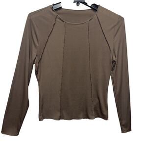 Women's L Tan Long Sleeve Ribbed Knit Top Casual Crew Neck Slim Fitted Tee Shirt